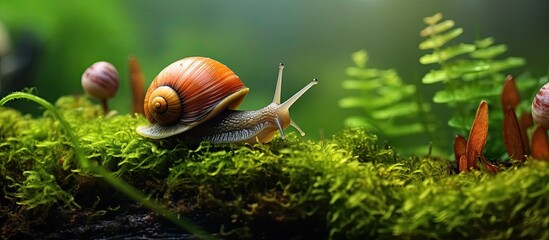 Edible Helicidae snail in natural habitat, surrounded by green moss. - obrazy, fototapety, plakaty