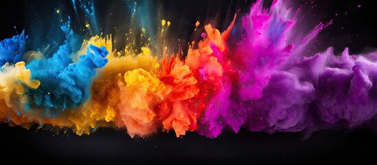 Fototapeta na wymiar Colorful powder explosion on black backdrop. Abstract background inspired by Holi festival.