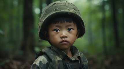 A child in military uniform. Baby soldier at war. No war
