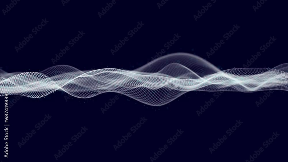 Poster digital particles wave, data wave or water waves slice background. looped. dot terrain cold waves.