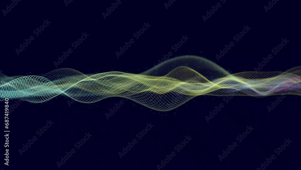 Poster digital particles wave, data wave or water waves slice background. looped. dot terrain cold waves.