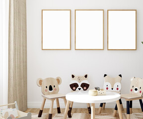 Mock up frame in kids room, 3d render   © MockupsShop