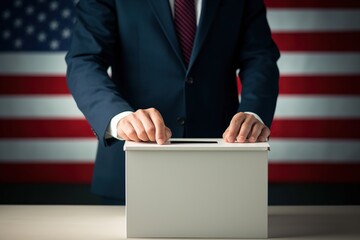 USA political candidate putting vote in a box with flag, Generative AI - obrazy, fototapety, plakaty