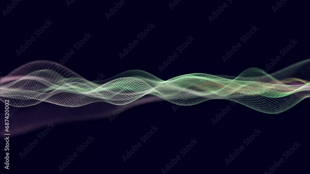 Poster digital particles wave, data wave or water waves slice background. looped. dot terrain cold waves.