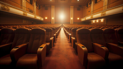 Empty cinema auditorium with rows of seats, illuminated by spotlights