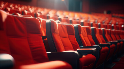 Empty cinema auditorium with rows of red seats. Cinema background. - obrazy, fototapety, plakaty