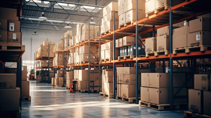 Warehouse or storehouse interior with shelves and boxes. Industrial background