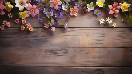 spring flowers on wooden background copy space. - obrazy, fototapety, plakaty
