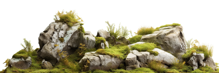 Grass fields meadow with rocks and moss, cut out