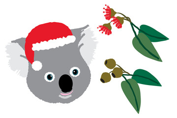 Koala with a Santa hat with gum leaves and gum nuts

