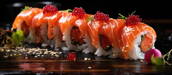 Fotobehang Close-up of delicious salmon sushi roll, highlighting fresh and tasty ingredients. © AkuAku