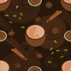 Editable Vector Illustration Seamless Pattern of Indian Masala Chai in Pottery Cup with Assorted Herb Spices With Dark Background for South Asian Beverages Culture and Tradition
