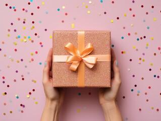 Womans hands holding gift or present box decorated confetti on pink pastel, Generative AI