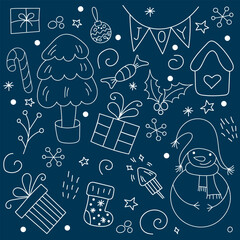 Hand drawn Merry Christmas and New Year doodle set with tree, snowman, gift boxes, star elements. Vector illustration.