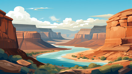 The view of a barren canyon. Canyon formations occur due to water erosion millions of years ago. 2D flat cartoon style illustration.