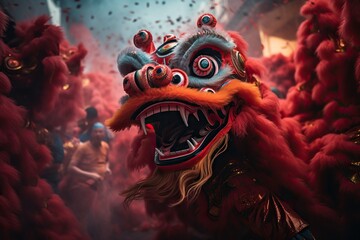 Chinese new year celebration, dragon show festival. Chinese red dragon costume with smoke and some firework. Traditional in Chinese temple - obrazy, fototapety, plakaty