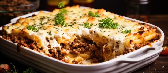 Close-up of Greek pastitsio, a dish made with penne, ground lamb, cheese, tomatoes, and a bechamel...