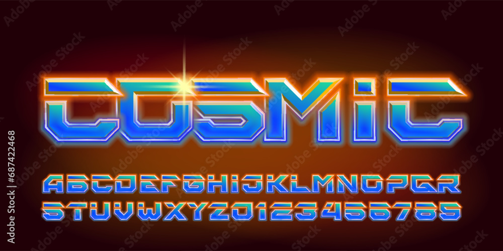 Poster diffuse alphabet font. blue neon letters and numbers with a speed effect. abstract polygonal backgro