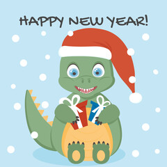 New year greeting card with green dragon in santa claus hat
