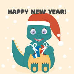 New year greeting card with green dragon in santa claus hat