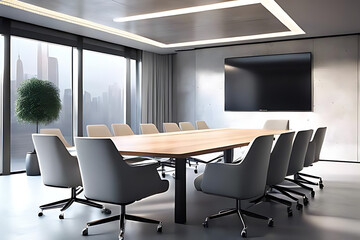 interior of a office, Front view of a modern meeting room with chairs, Modern Office Meeting Area, Professional Boardroom Setup, Workspace Meeting Room Perspective