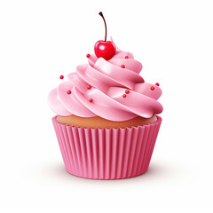 Pink cupcake with cherry isolated on white background. Vector