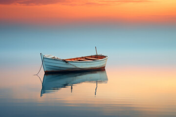Serene Sunset Reflections with a Lone Boat on Calm Waters