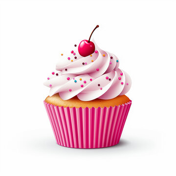 Cupcake with cherry on a white background. Vector