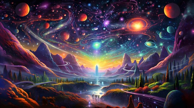 90s psychedelia galactic exploration scene