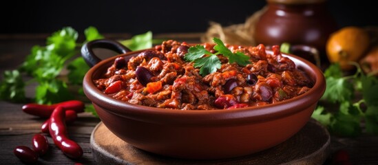 Delicious spicy chili con carne with beef, onion, tomato, and kidney beans.