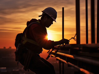 silhouette of a construction worker doing his job at sunrise