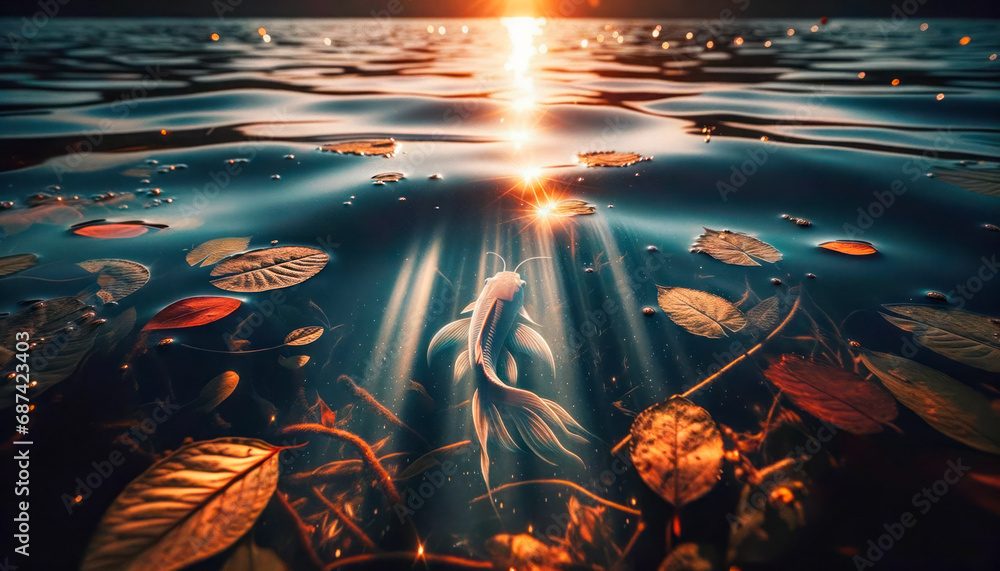 Poster water lily floating on the surface of the lake at sunset. generative ai