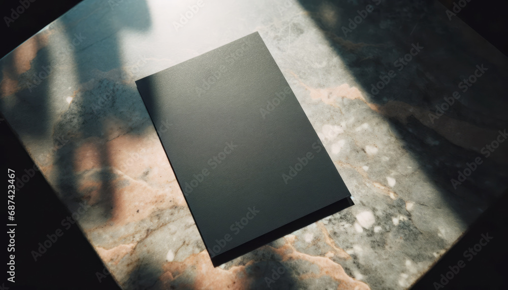 Aufkleber Elegant cafe table with black menu mockup on marble surface in sunlight. Sophisticated presentation concept. Generative AI