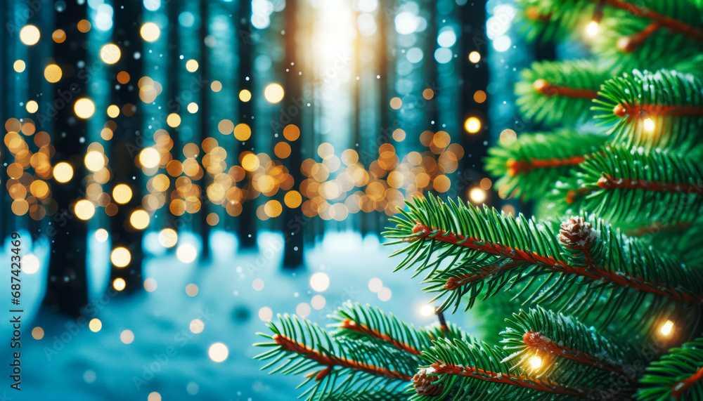 Poster spruce branches with festive lights against a bokeh forest backdrop. enchanted winter mood. generati