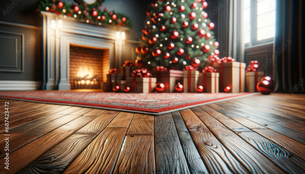 Poster elegant christmas tree with presents in a classic room with a warm fireplace. generative ai