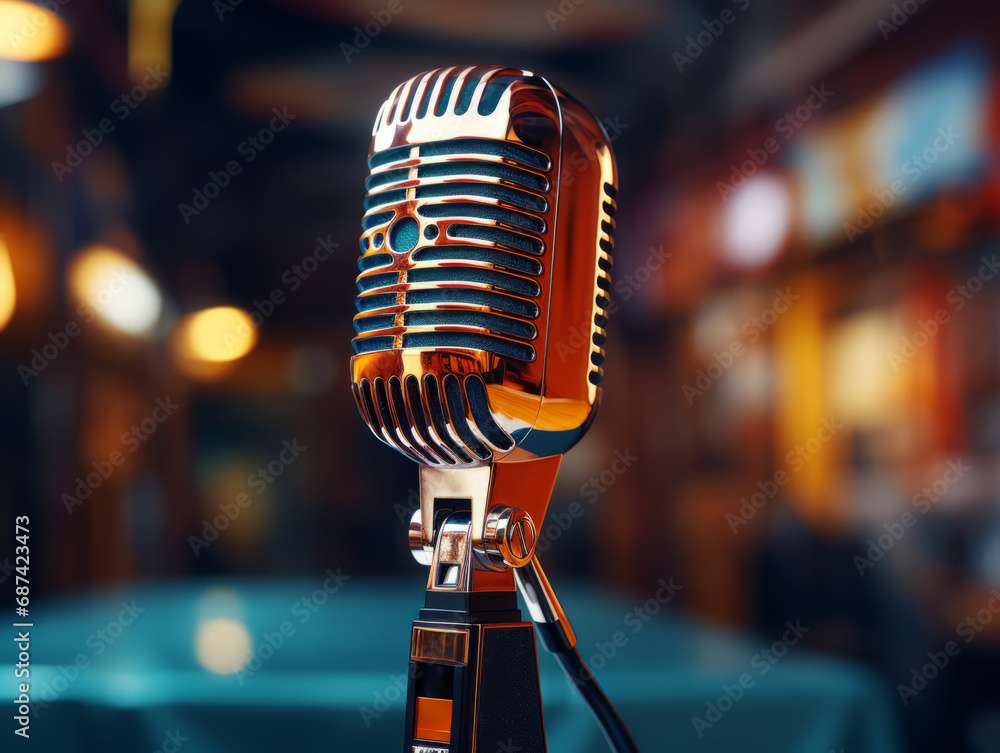 Poster classic microphone with a sleek black and orange design. generative ai
