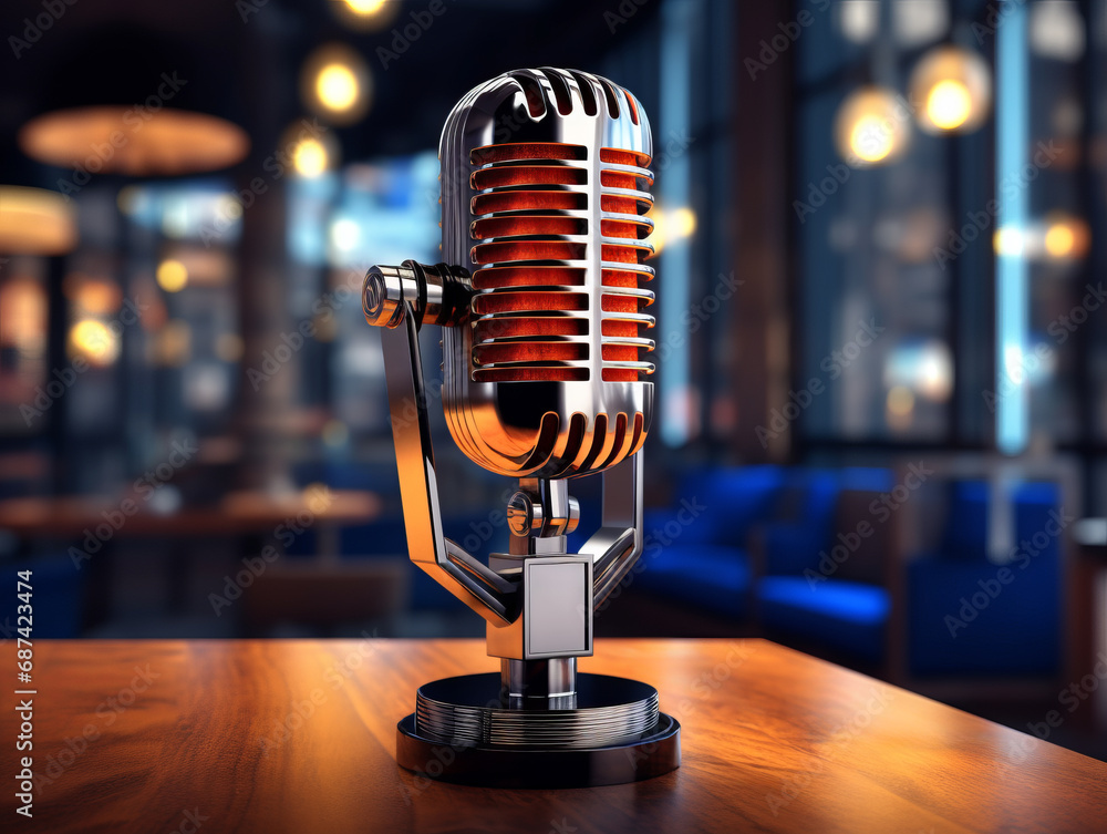 Poster Classic microphone with a golden hue in a soft-lit studio. Generative AI