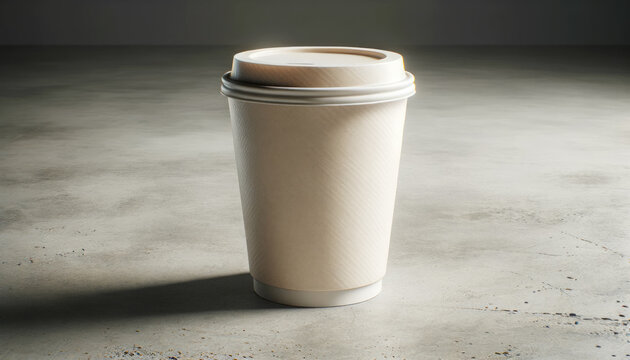 Takeaway paper coffee cup on a concrete floor, minimalistic presentation. Generative AI