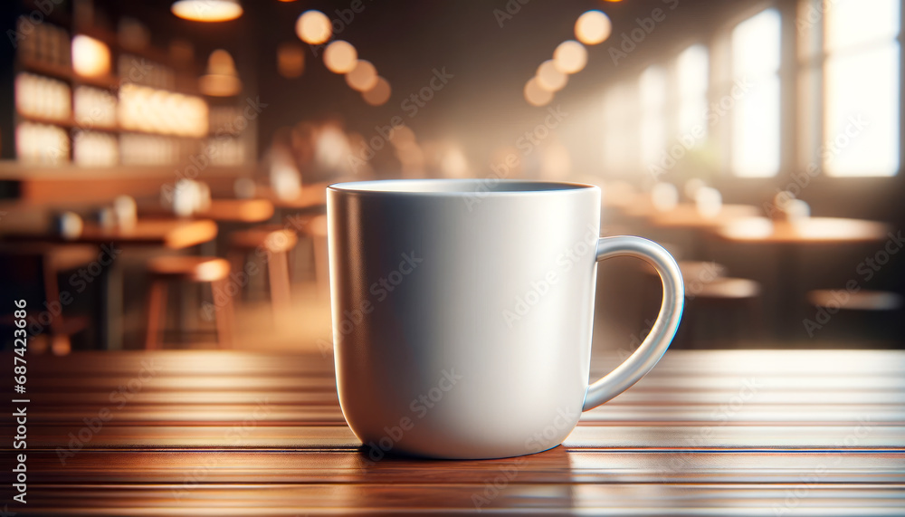 Poster Coffee cup with an ambient cafe setting and soft focus background. Generative AI