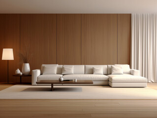 Elegant living room with large sofa and harmonious wood paneling. Generative AI