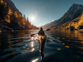Solo kayaker enjoys the golden hour on a tranquil river Generative AI