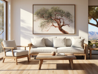 Sunny living room with natural scenery and minimalist aesthetics. Generative AI