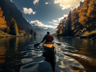 Kayaker on a peaceful river surrounded by autumn colors. Generative AI