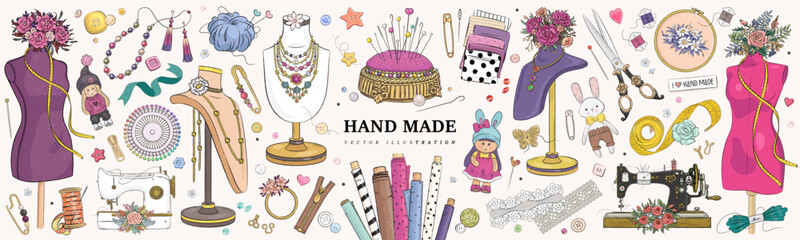 Hand drawn sketch handmade set. Cartoon doll, mannequin, sewing and embroidery elements, jewelry and flowers isolated in background. Vector illustration