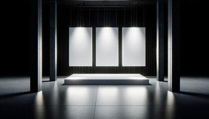 Three hanging displays in a dark exhibition space. Dramatic illumination. Generative AI