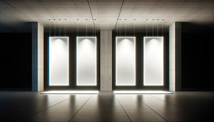 Illuminated vertical banners in a modern gallery space. Minimalist design. Generative AI