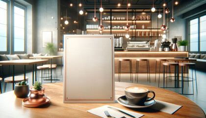 Chic cafe interior with blank white menu mockup on wooden table with copper plant pot. Generative AI