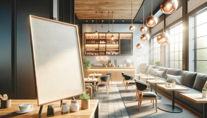 Elegant cafe setting with blank menu frame on easel and modern design. Artistic presentation concept. Generative AI - obrazy, fototapety, plakaty