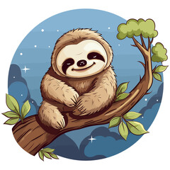sloth sleeps on a tree cute Kawaii
