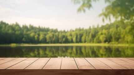 Serene Nature Setting: Empty Wooden Table with Blurry Lake and Pine Forest Background for Product Presentations and Advertisements
